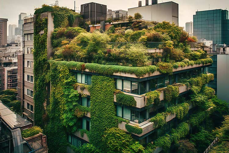 modern building is covered greenery